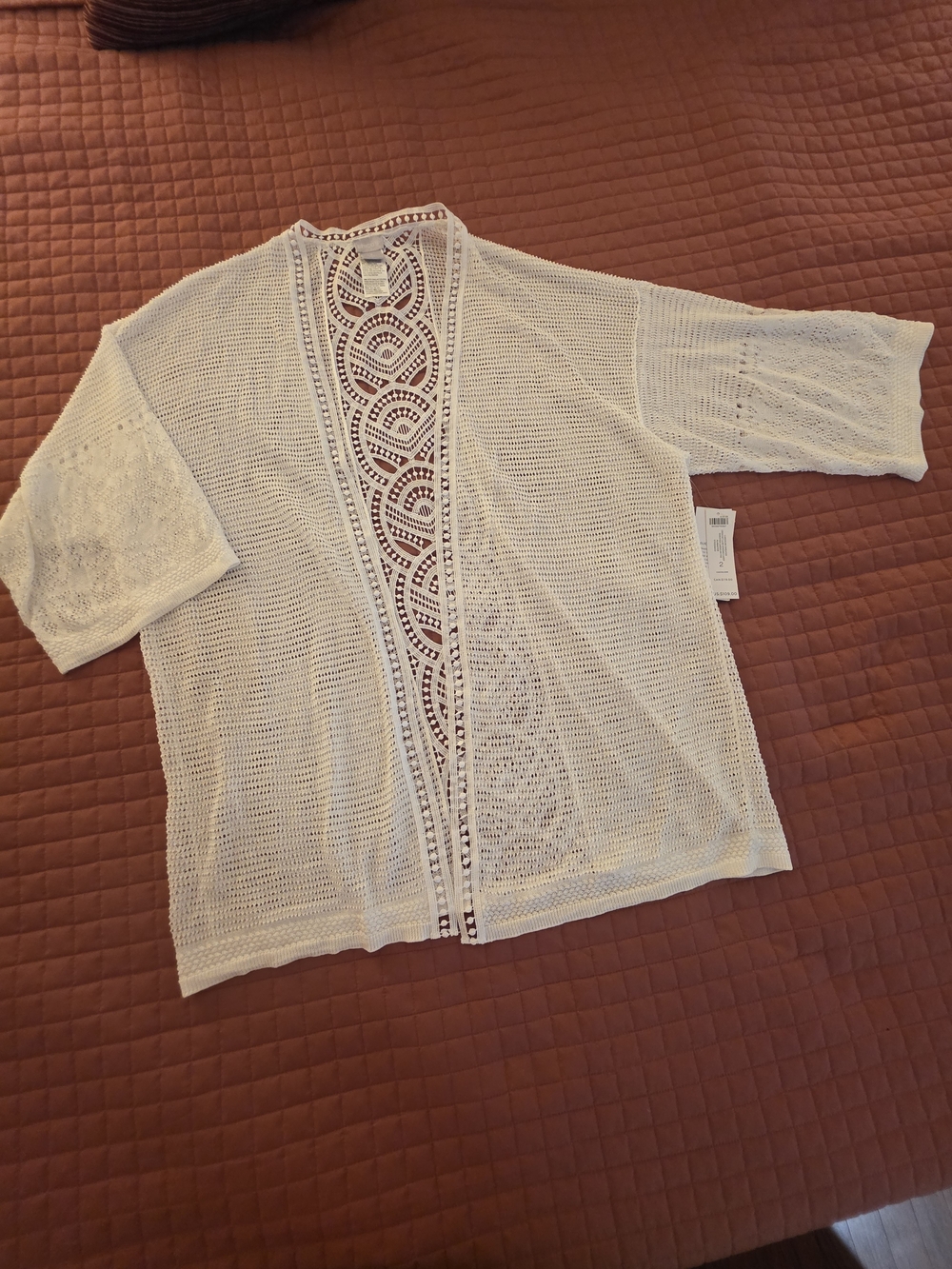 Chico's White Crochet-Front Open Weave Kimono Cardigan